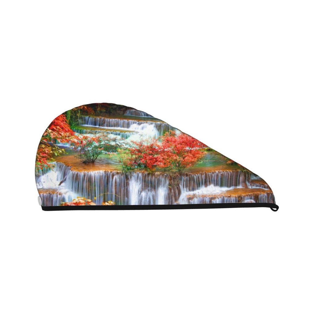 Evealyn Waterfall Fall Scenery Printed Microfiber Hair Towel Hair Drying Towel with Button Bath Hair Cap for Curly Long Hair Repair Towel Wrap for Women