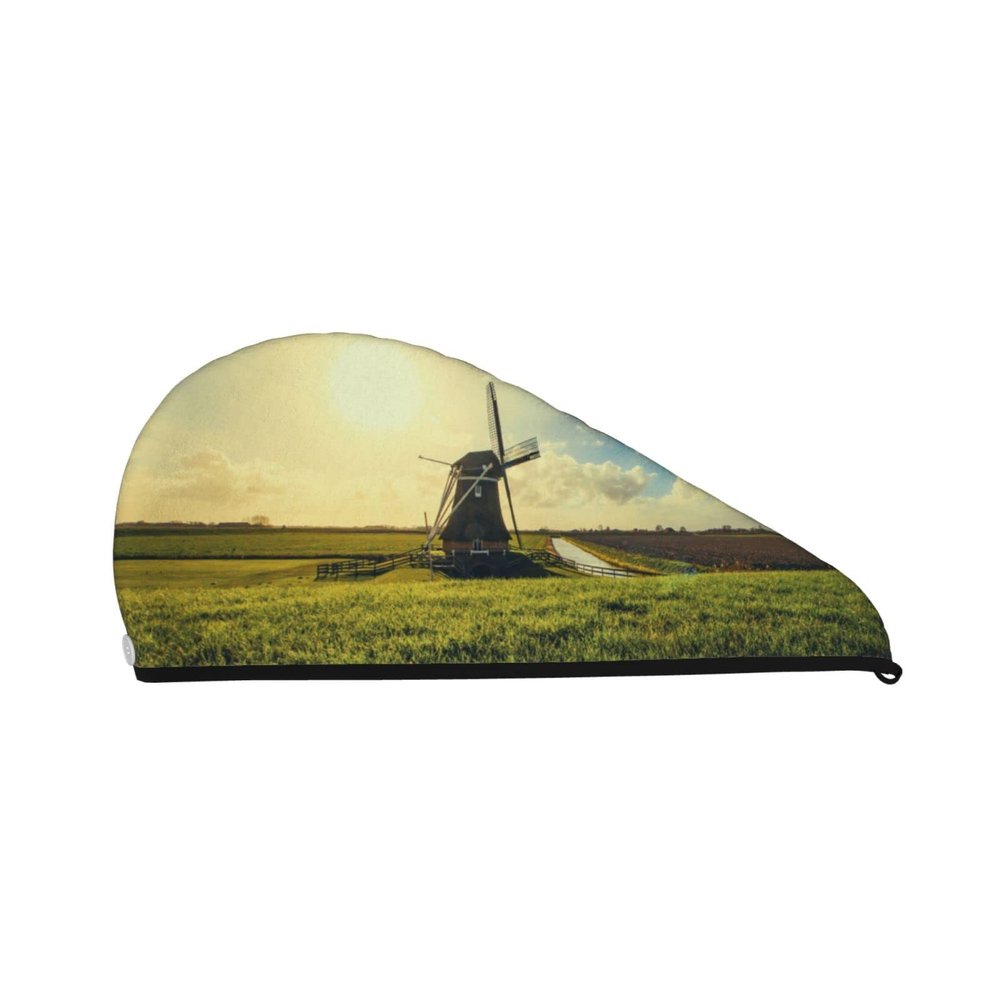 Evealyn Vintage Black Windmill On The Prairie Printed Microfiber Hair Towel Hair Drying Towel with Button Bath Hair Cap for Curly Long Hair Repair Towel Wrap for Women