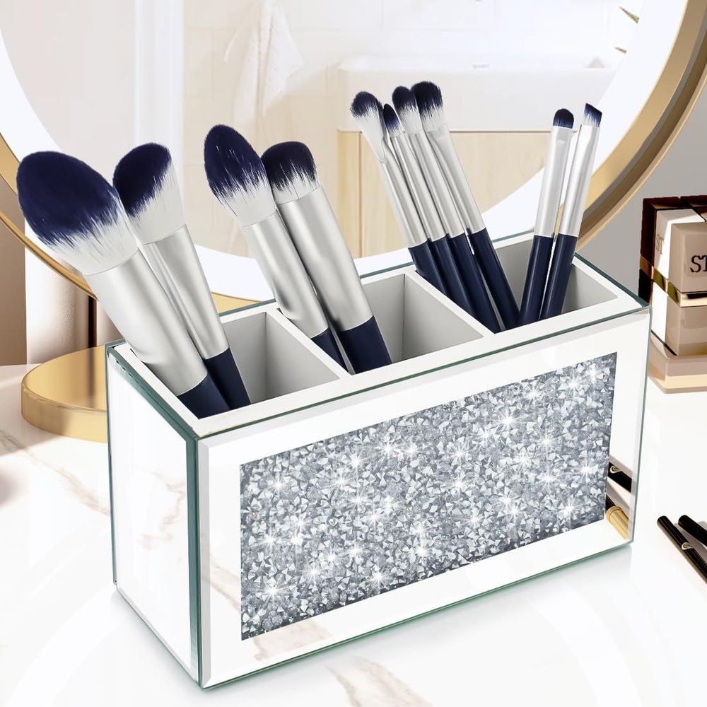 Amezey Mirrored Makeup Brush Holder Organizer, 3 Compartments Cosmetic Brush Storage Holders, Crushed Diamond Remote control holder, Pen and Pencil Holder for Desk, Eyeliners Display Case for Vanity