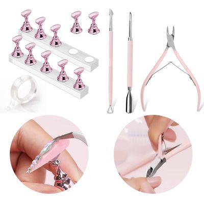 Makartt Cuticle Trimmer with Cuticle Pusher, 3 PCS Pink Nail Cuticle Nipper Bundle Makartt Nail Stand for Nails Art Display Practice Nail Holder for Painting Nail