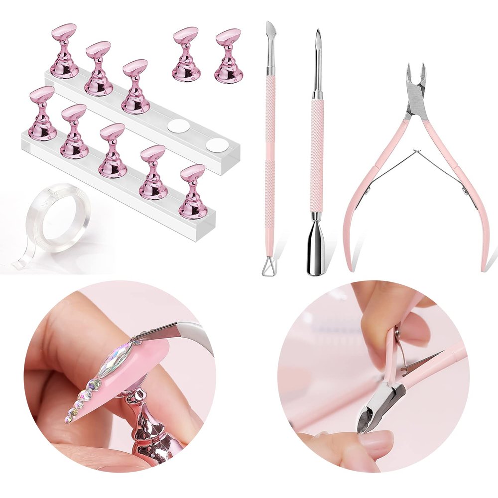 Makartt Cuticle Trimmer with Cuticle Pusher, 3 PCS Pink Nail Cuticle Nipper Bundle Makartt Nail Stand for Nails Art Display Practice Nail Holder for Painting Nail