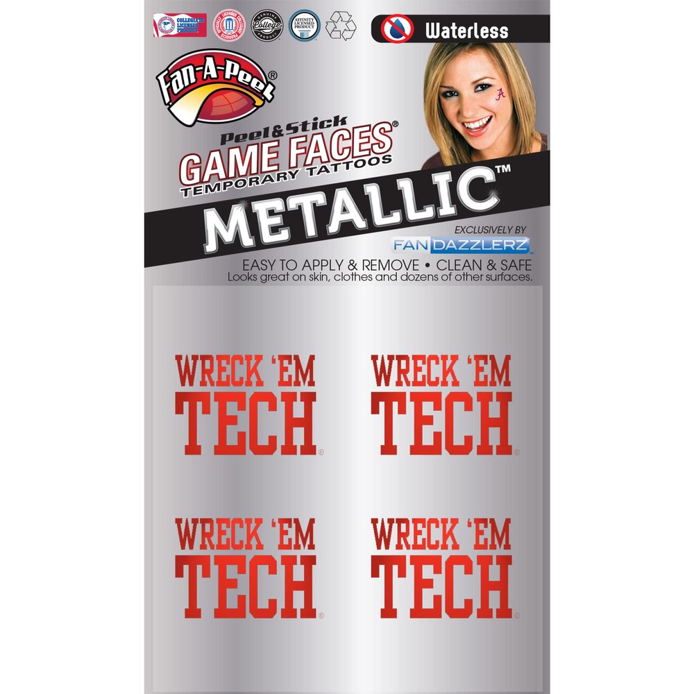 Fan-A-Peel Texas Tech Waterless Temporary Tattoos - Hypoallergenic Peel and Stick Waterproof Temporary Tattoos, Metallic - Officially Licensed
