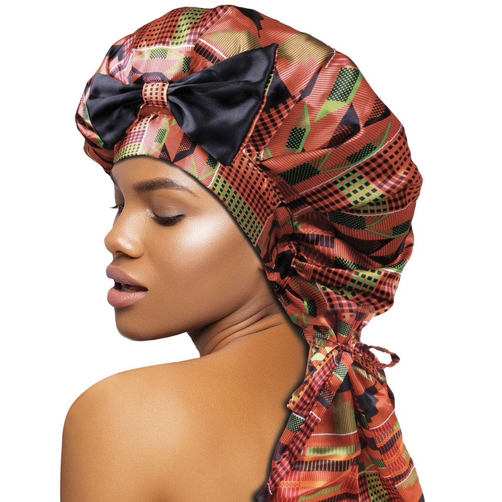 DONNA Braid Bonnet 1pc Satin Bonnet Hair Bonnet Removable & Reversible Bow Tie for Women with Long Braids, Shower Cap for Women, Dreadlock, Long Twist, Long Ponytails with ANKARA Pattern