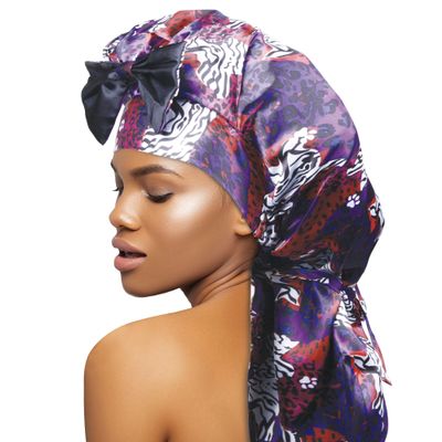 DONNA Braid Bonnet 1pc Satin Bonnet Hair Bonnet Removable & Reversible Bow Tie for Women with Long Braids, Shower Cap for Women, Dreadlock, Long Twist, Long Ponytails with ZEBRA MIX Pattern