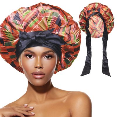 DONNA Large, Extra Large Adjustable Tie Satin Bonnet Sleep Cap 1pc Satin Headband Around Hairline & Nape Area Hair Accessories Night Cap Shower Caps, 1PC ANKARA PATTERN