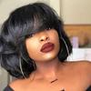 10inch Short Yaki Wavy Bob Human Hair Wig with Bangs 180% Density Short Cut Scalp Wig None Lace Italian Yaki Human Hair Wigs Glueless Wavy Black Bob Bangs Scalp Top Human Hair for Women view 1