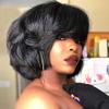 12inch Short Yaki Wavy Bob Human Hair Wig with Bangs 150% Density Short Cut Scalp Wig None Lace Italian Yaki Human Hair Wigs Glueless Wavy Black Bob Bangs Scalp Top Human Hair for Women view 3