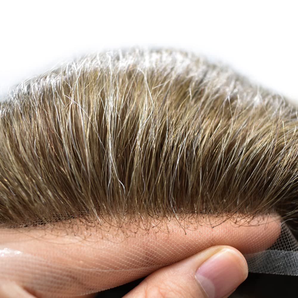 LYRICAL HAIR Toupee for Men Wavy Human Hair Replacement Systems French Lace Front Mens Toupee Hairpiece Swiss lace Male Wig Unit 8X10-120% density#1740 Dark Ash Blonde with 40% Gray
