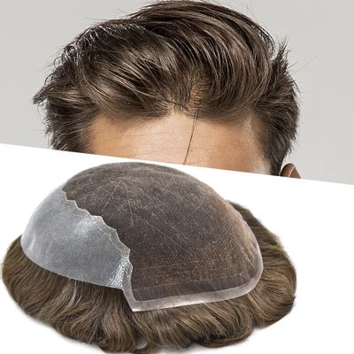 LYRICAL HAIR Toupee for Men Wavy Human Hair Replacement Systems Toupee Grey Bleached Knots All Hand Tied Swiss lace Male Wig Unit 8X10-100% density#520 Medium Light Brown with 20% Gray