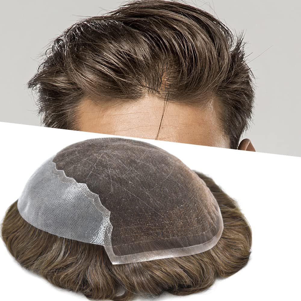 LYRICAL HAIR Toupee for Men Wavy Human Hair Replacement Systems Toupee Grey Bleached Knots All Hand Tied Swiss lace Male Wig Unit 8X10-100% density#520 Medium Light Brown with 20% Gray