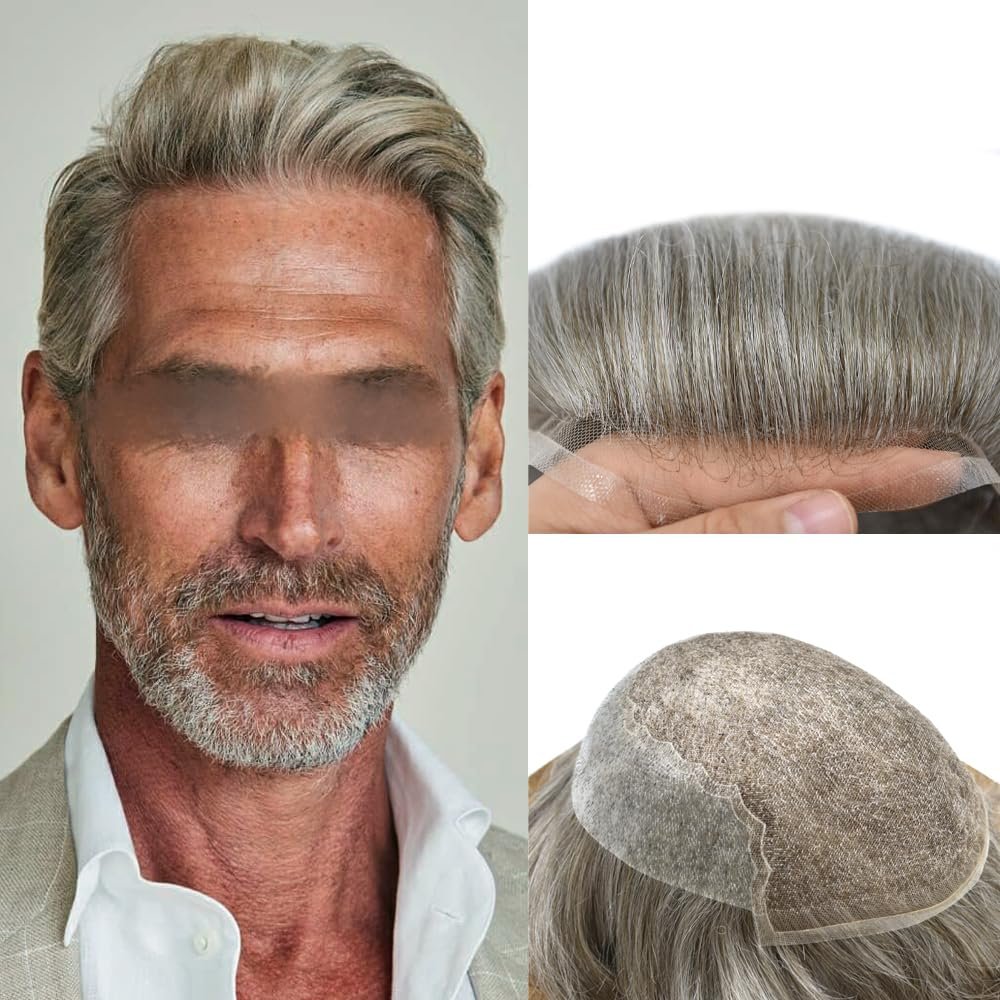 LYRICAL HAIR Toupee for Men Wavy Human Hair Replacement Systems Toupee Grey Bleached Knots All Hand Tied Swiss lace Male Wig Unit 8X10-100% density#550 Medium Light Brown with 50% Gray