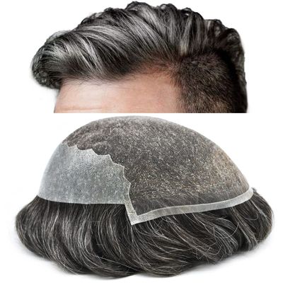 LYRICAL HAIR Toupee for Men Wavy Human Hair Replacement Systems French Lace Front Mens Toupee Grey Bleached Knots Swiss lace Male Wig Unit 8X10-120% density#250 Darkest Brown with 50% Gray