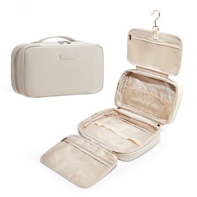 EACHY Toiletry Bag with Hanging Hook, Travel Makeup Bag PU Leather Cosmetic Bags for Women Make Up Organizer with 4 Compartments Waterproof Full-Size Portable Travel Essentials (Beige)