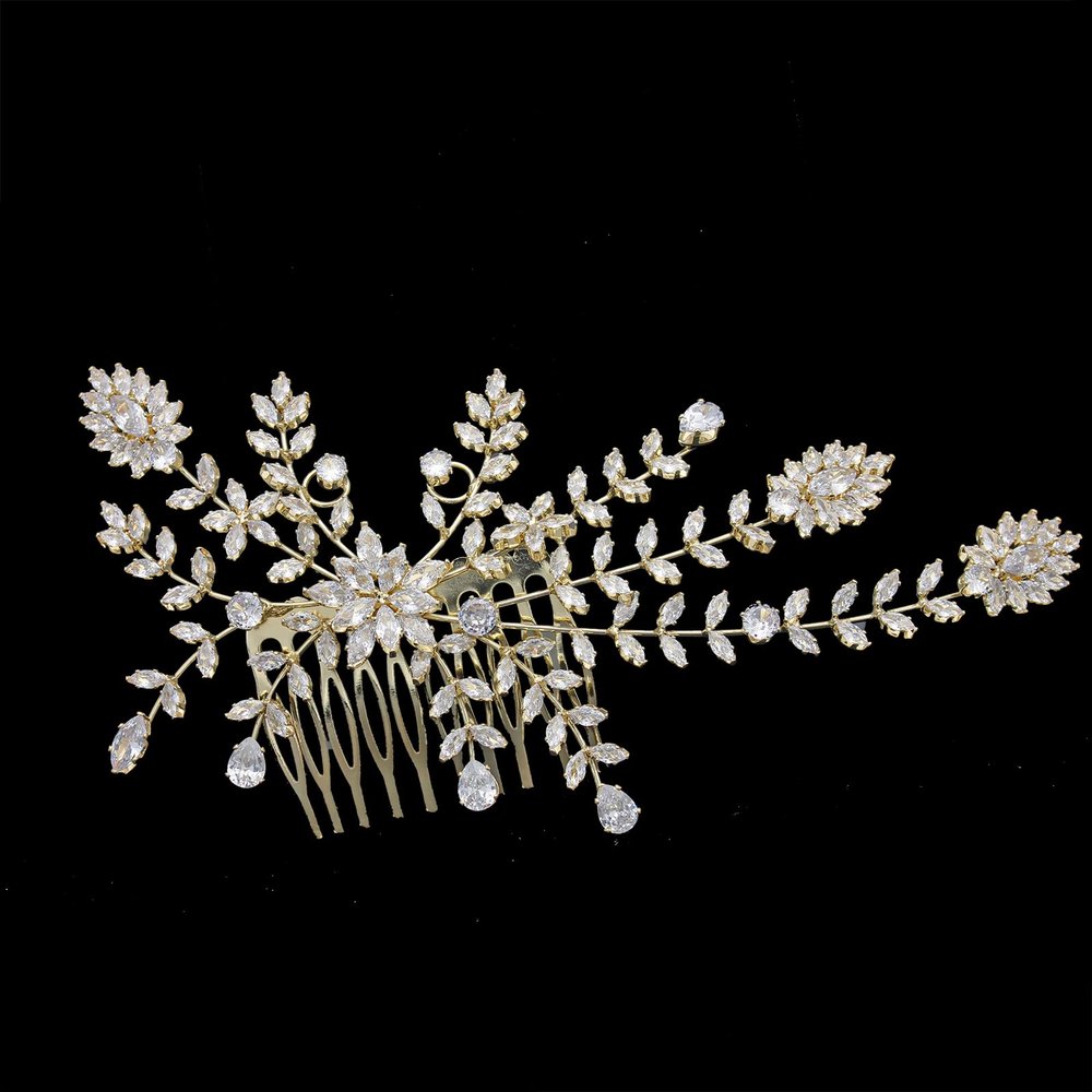 Luxury Full CZ Diamond Bridal Hair Comb Cubic Zirconia Hair Clip Silver Floral Bridal Headpieces for Wedding Hair Accessories for Bride Crystal Jewelry (Gold)