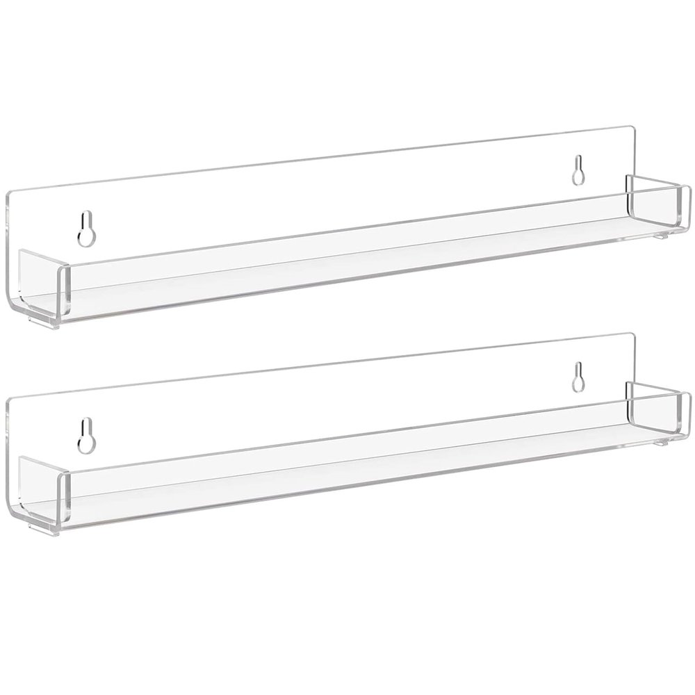 Baosia 2 Pack Clear Nail Polish Rack Wall Mounted,15 inch Invisible Acrylic Floating Bookshelf,Small Toy Storage Wall Shelf Modern Picture Ledge Vinyl Record Display Shelf Holder