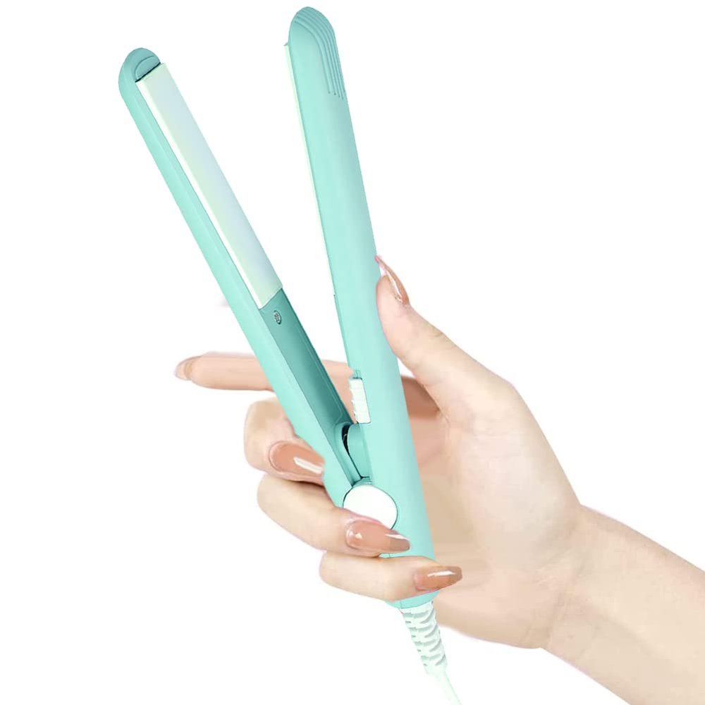 2 in 1 Mini Hair Straightener and Curler - Ceramic Tourmaline Plate Beauty Flat Iron Curler Heating Curler with Ceramic Tourmaline Plate Wave Straightener for Sleek Results. (Green)