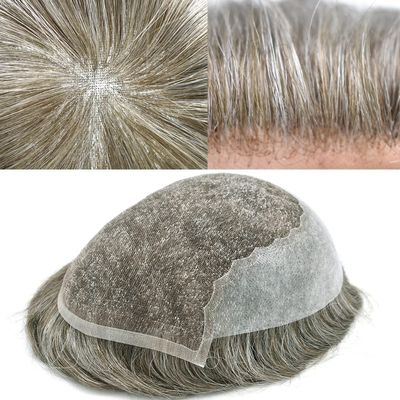 Toupee for Men Hair Replacement Systems Mens toupee Swiss Lace Front Bleached Knot Natural Hairline Men Hair Units 100% Human Hair Gray Brown Black Blonde Men Hair Pieces. (8''X10''-100%Light Density, 370# Dark Brown With 70% Gray)