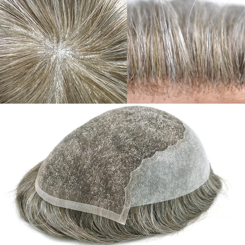 Toupee for Men Hair Replacement Systems Mens toupee Swiss Lace Front Bleached Knot Natural Hairline Men Hair Units 100% Human Hair Gray Brown Black Blonde Men Hair Pieces. (8''X10''-100%Light Density, 370# Dark Brown With 70% Gray)