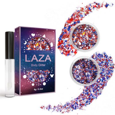 Laza Independence Day Body Glitter, 2 Jars Olympic Red Blue White Chunky Sequins with Glue Women 4th of July Face Paint Festival Rave Outfit Hair Accessories Party Costumes-Independence Parade