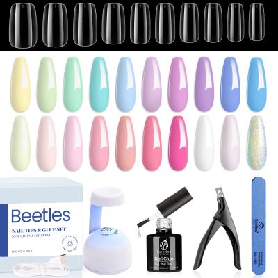 beetles Gel Polish Nail Set 20 Colors Dreamy Town Collection and Easy Gel Tips Nail Extension Kit Short Square Pre-shaped False Nail Tips with 2 In 1 Nail Glue Gel Base Coat