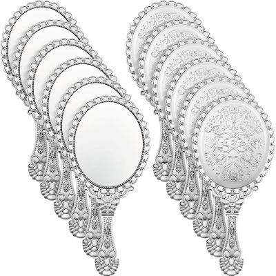 Qunclay 12 Pcs Vintage Handheld Mirror with Handle, 9.8" L x 4.5" W Sliver Embossed Portable Small Mirrors Bulk for Princess Party Favors, Birthday Gifts, Classroom Rewards & Daily Travel Use