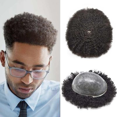 Afro Curly Toupee For Black Men Brazilian Human Hair Piece 8x10 Inch Injected Poly Skin African American Hairpiece Replacement Kinky Curly Human Hair System for Black Men1# JET BLACK-6mm Afro wave