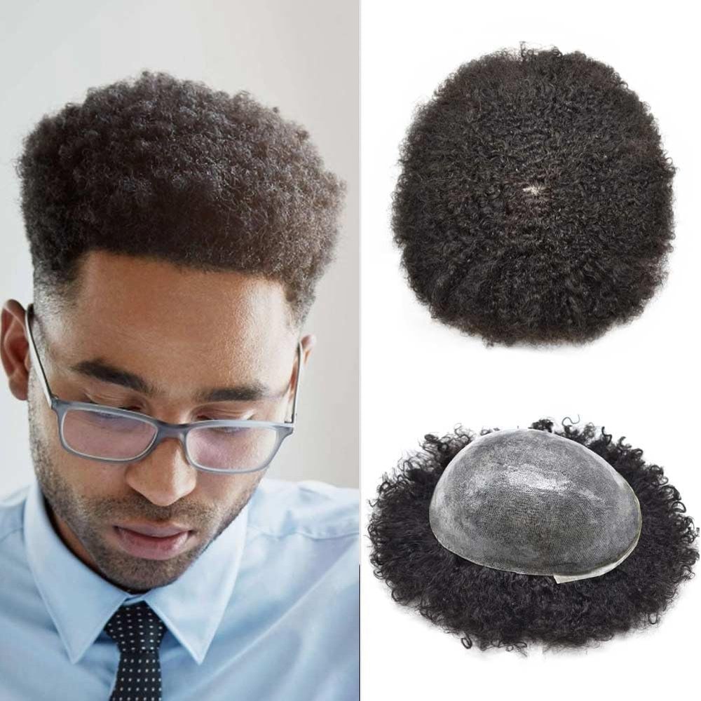 Afro Curly Toupee For Black Men Brazilian Human Hair Piece 8x10 Inch Injected Poly Skin African American Hairpiece Replacement Kinky Curly Human Hair System for Black Men1# JET BLACK-6mm Afro wave