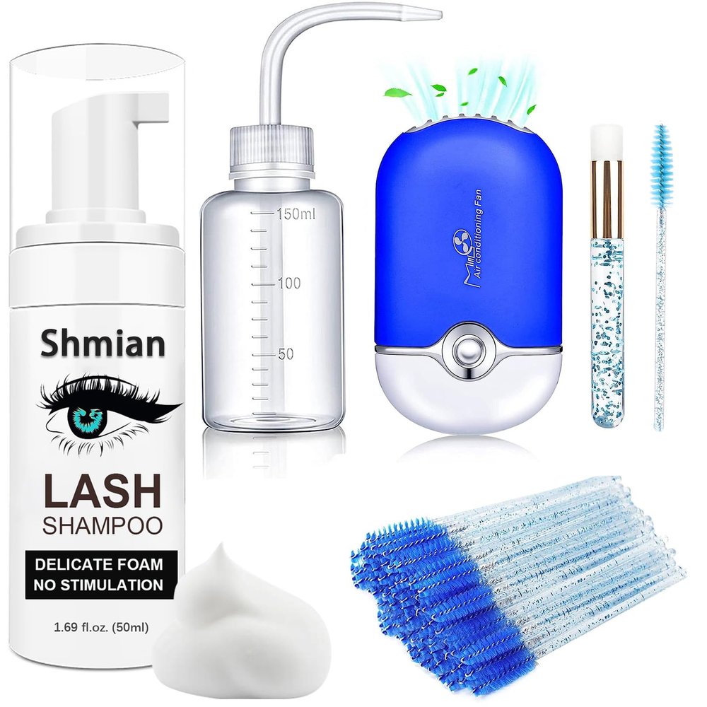 Shmian Lash Shampoo for Lash Extensions, Lash Fan 50ml Eyelash Foam cleanser with 50 Pcs Eyelash Brush and Rinse Bottle Oil Free/Sulfate Free Eyelash Wash Remover For Eyelash Extension Makeup, Blue