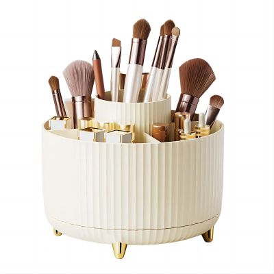 DASITON Large Capacity Makeup Brush Holder,360 Rotating Makeup Organizer,5 Slot Makeup Brushes Cup,for Vanity Decor,Bathroom Countertops,Desk Storage Container,Cosmetic Display cases(Cream)
