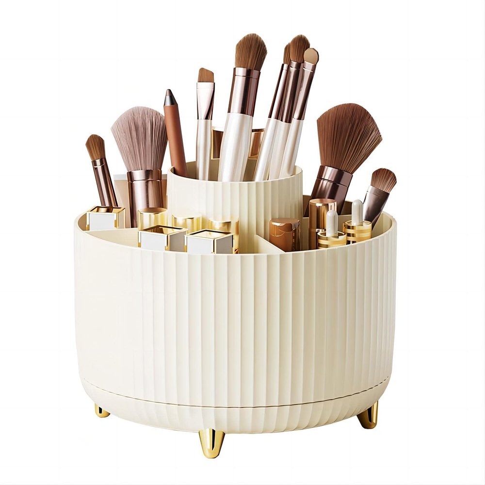 DASITON Large Capacity Makeup Brush Holder,360 Rotating Makeup Organizer,5 Slot Makeup Brushes Cup,for Vanity Decor,Bathroom Countertops,Desk Storage Container,Cosmetic Display cases(Cream)