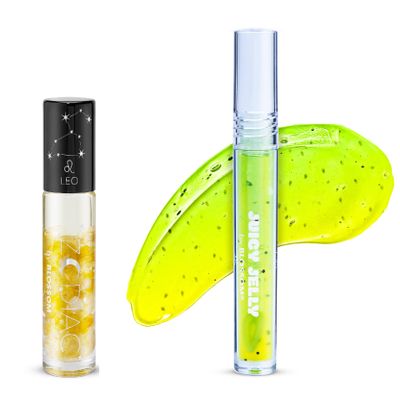 Blossom Juicy Jelly Moisturizing Lip Care Fruit Flavored Nourishing Lip Oil + Zodiac Sign Vanilla Scented Roll On Lip Gloss with Crystals, 2 Pack Bundle, Pineapple/Leo