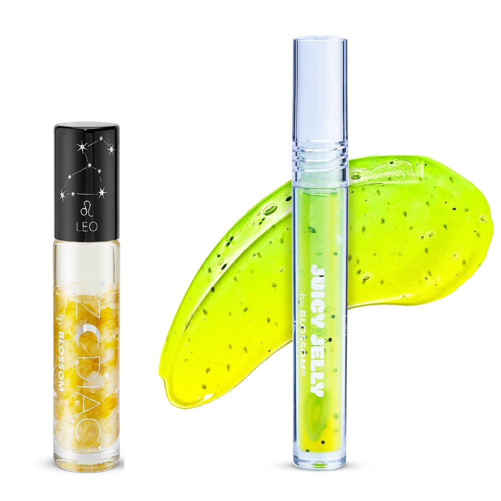 Blossom Juicy Jelly Moisturizing Lip Care Fruit Flavored Nourishing Lip Oil + Zodiac Sign Vanilla Scented Roll On Lip Gloss with Crystals, 2 Pack Bundle, Pineapple/Leo