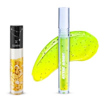 Blossom Juicy Jelly Moisturizing Lip Care Fruit Flavored Nourishing Lip Oil + Zodiac Sign Vanilla Scented Roll On Lip Gloss with Crystals, 2 Pack Bundle, Pineapple/Gemini