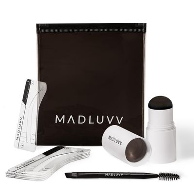 MADLUVV Brow Stamp Kit with Brow Stencils  Easy Eyebrow Shaper for Natural-Looking Brows  Popular Eyebrow Stencil Kit Used by Professionals  9 Shapes, Spoolie, Travel Bag & Stamp (Medium Brown)