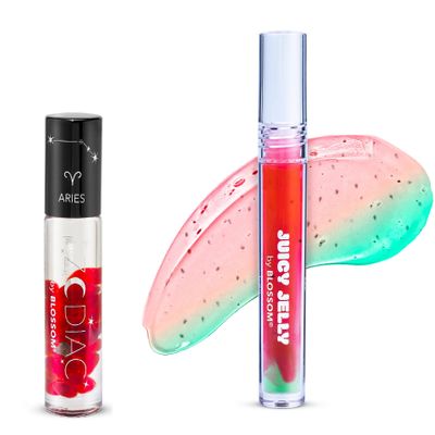 Blossom Juicy Jelly Moisturizing Lip Care Fruit Flavored Nourishing Lip Oil + Zodiac Sign Vanilla Scented Roll On Lip Gloss with Crystals, 2 Pack Bundle, Watermelon/Aries