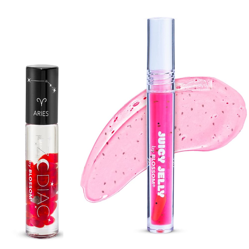 Blossom Juicy Jelly Moisturizing Lip Care Fruit Flavored Nourishing Lip Oil + Zodiac Sign Vanilla Scented Roll On Lip Gloss with Crystals, 2 Pack Bundle, Strawberry/Aries