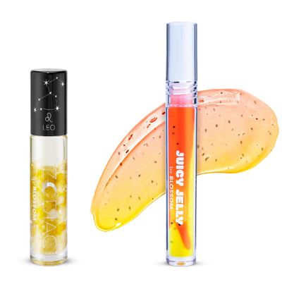 Blossom Juicy Jelly Moisturizing Lip Care Fruit Flavored Nourishing Lip Oil + Zodiac Sign Vanilla Scented Roll On Lip Gloss with Crystals, 2 Pack Bundle, Papaya/Leo