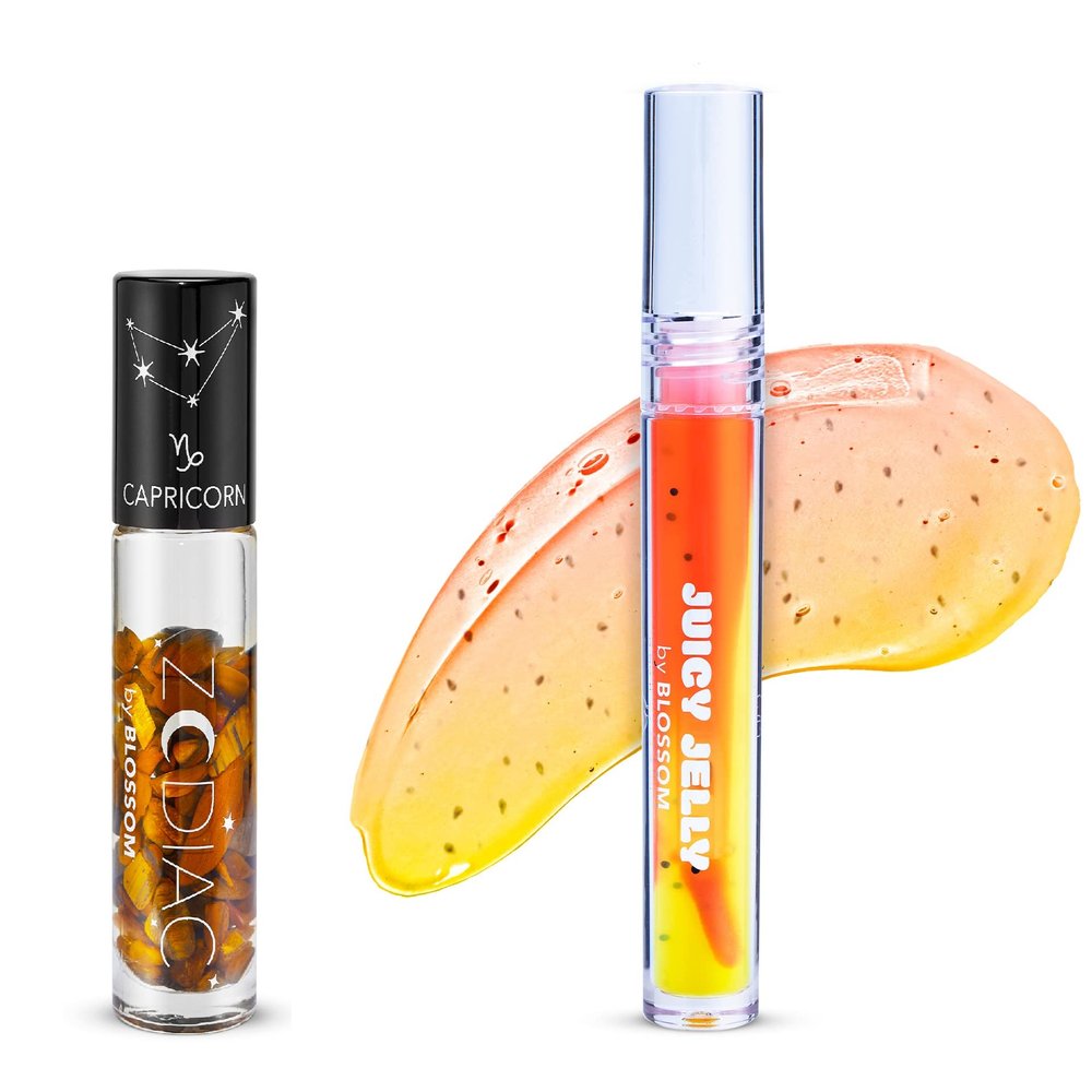 Blossom Juicy Jelly Moisturizing Lip Care Fruit Flavored Nourishing Lip Oil + Zodiac Sign Vanilla Scented Roll On Lip Gloss with Crystals, 2 Pack Bundle, Papaya/Capricorn