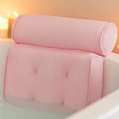 Bath Pillow Bathtub Pillow Luxury Spa Bath Pillows for Tub Neck and Back Support Headrest with Soft Mesh Fabric and Non-Slip Suction Cups (Pink)