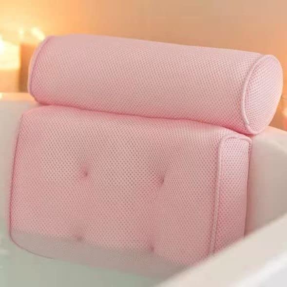 Bath Pillow Bathtub Pillow Luxury Spa Bath Pillows for Tub Neck and Back Support Headrest with Soft Mesh Fabric and Non-Slip Suction Cups (Pink)