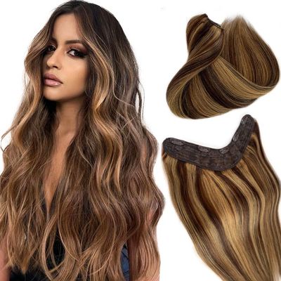 Smartinnov Clip in Hair Extensions Real Human Hair, One Hairpiece Balayage Chocolate Brown to Honey Blonde 80G 16Inch V Shape Ombre Highlight Clip Hair Extensions 3/4 Full Head Balayage Clip On Hair
