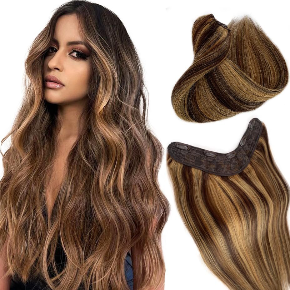 Smartinnov Clip in Hair Extensions Real Human Hair, One Hairpiece Balayage Chocolate Brown to Honey Blonde 80G 16Inch V Shape Ombre Highlight Clip Hair Extensions 3/4 Full Head Balayage Clip On Hair
