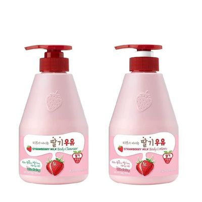 Kwailnara WELCOS Strawberry Milk Body Lotion & Body Wash Set Moisturizing & Revitalizing Korean Skincare Set with Strawberry Extract, 560g / 19.75oz Each