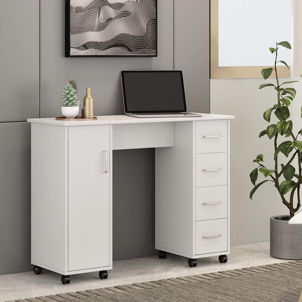 HomVent Nail Table Station, Rolling Manicure Table, Mobile Manicure Station Computer Table, Beauty Salon Nail Manicure Table Manicure Station Nail Art Equipment with 4 Drawers and a Cupboard (White)