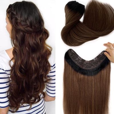 Ombre Clip in Hair Extensions Real Human Hair Black Fading to Chestnut Brown Clip in 3/4 Full Head with 5 Secure Clips 80G 16" Ombre Brown OnePiece Clip in Hair Extension V Shape Clip On Hair for Women
