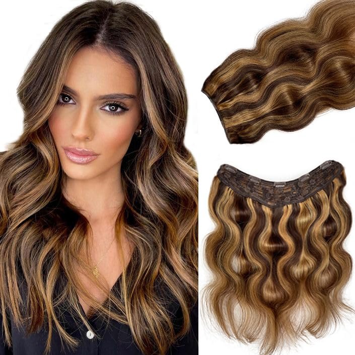 16" Remy Clip in Hair Extensions Human Hair Balayage Medium Brown to Chestnut Blonde Highlight Clip in Hair One Piece Ombre Blonde 4/27 Body Wave Curly Clip in Hairpieces Double Weft 80G for Women