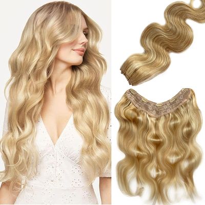 100G Clip in Real Human Hair Extensions - 22Inch Balayage Chestnut Blonde to Platinum Blonde Ombre - 3/4 Full Head One Piece Clip Ins - V Shape Invisible Curly Clip on Hair Extensions