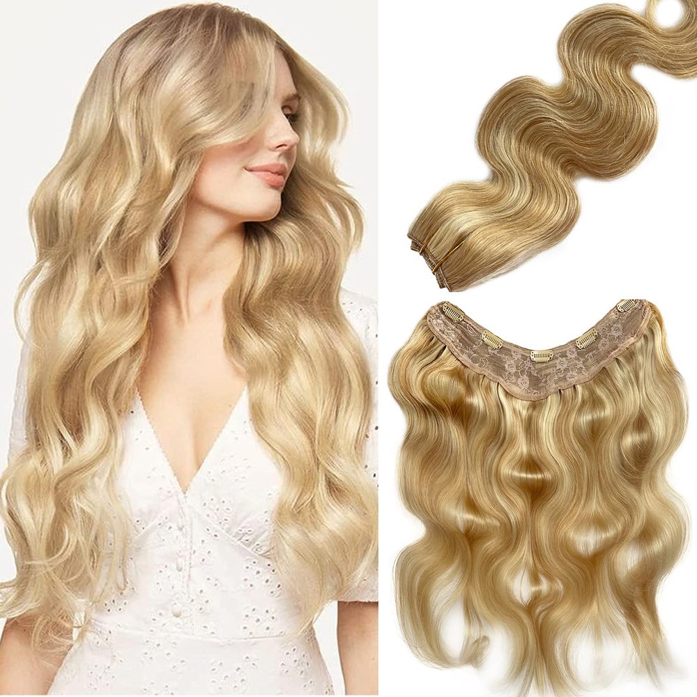 100G Clip in Real Human Hair Extensions - 22Inch Balayage Chestnut Blonde to Platinum Blonde Ombre - 3/4 Full Head One Piece Clip Ins - V Shape Invisible Curly Clip on Hair Extensions