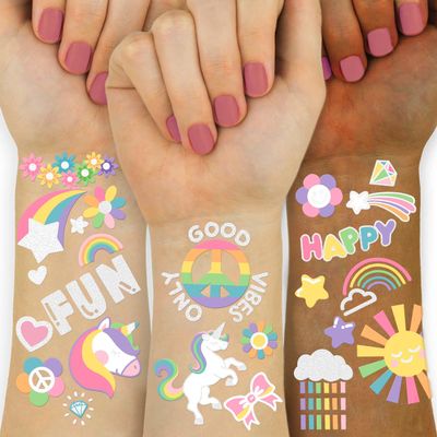 118 PCS Kids Tattoos Temporary for Girls, Unicorn Rainbow Crown Glitter Tattoos, Girls Unicorn Party Decorations Kids Birthday Party Favor Supplies Princess Tattoos Stickers