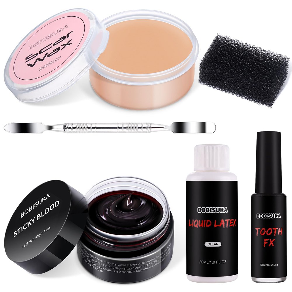 BOBISUKA 6 Piece Halloween SFX Special Effects Makeup Kit - Fake Blood Gel + Clear Liquid Latex + Black Tooth Paint + Modeling Scar Wax with Spatula Tool and Black Stipple Sponge All in One